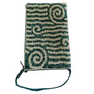 Bamboo Trading Company Beaded Wristlet Womens Teal White Swirl Purse Bag Clutch